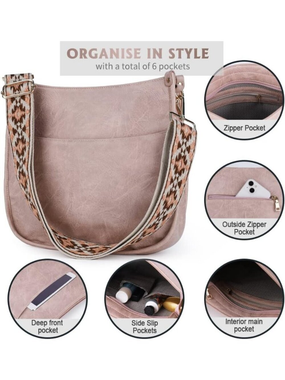 Women's Light Pink Leather Small Crossbody Bag Wide Guitar Strap Shoulder Purse - Picture 3 of 6